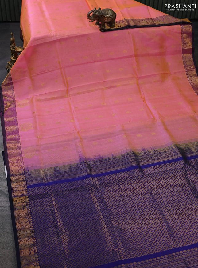 Silk cotton saree peach pink and blue with allover vairosi weaves & buttas and rich zari woven border