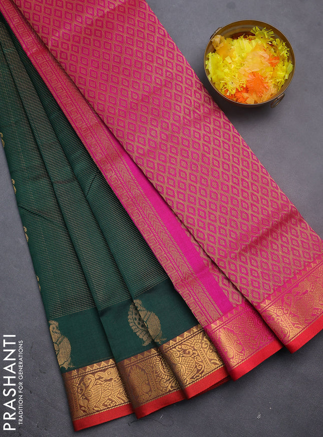 Silk cotton saree green and pink with allover vairosi weaves & buttas and rich zari woven border
