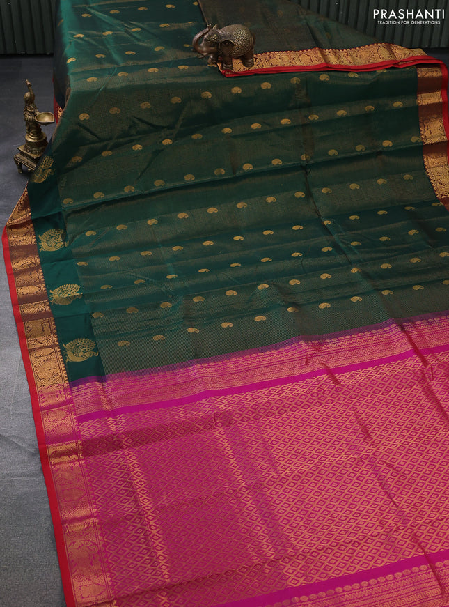 Silk cotton saree green and pink with allover vairosi weaves & buttas and rich zari woven border