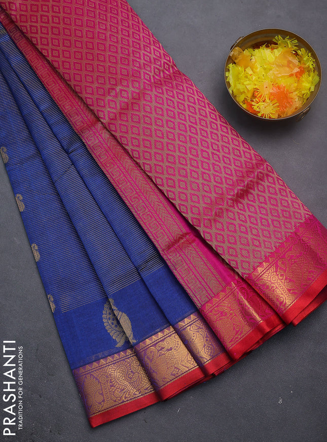 Silk cotton saree blue and pink with allover vairosi weaves & buttas and rich zari woven border