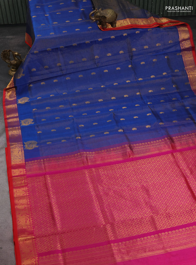 Silk cotton saree blue and pink with allover vairosi weaves & buttas and rich zari woven border