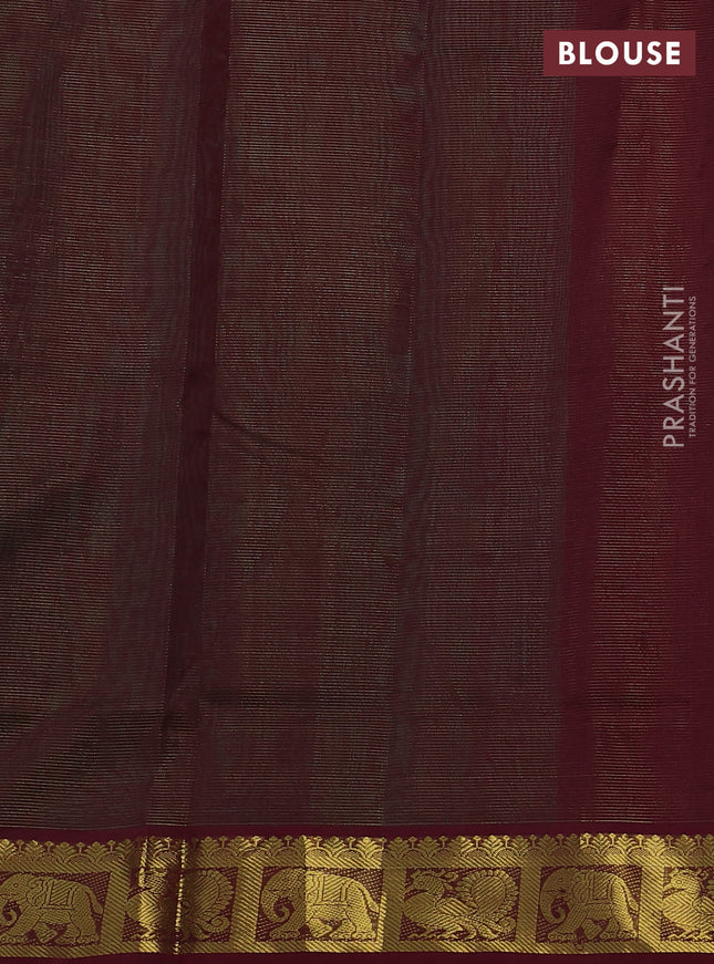 Silk cotton saree green and maroon with allover vairosi pattern and annam & elephant zari woven border