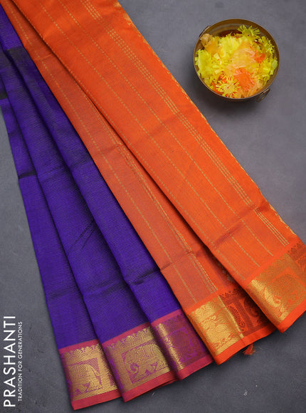 Silk cotton saree blue and orange with allover vairosi pattern and annam & rudhraksha zari woven border