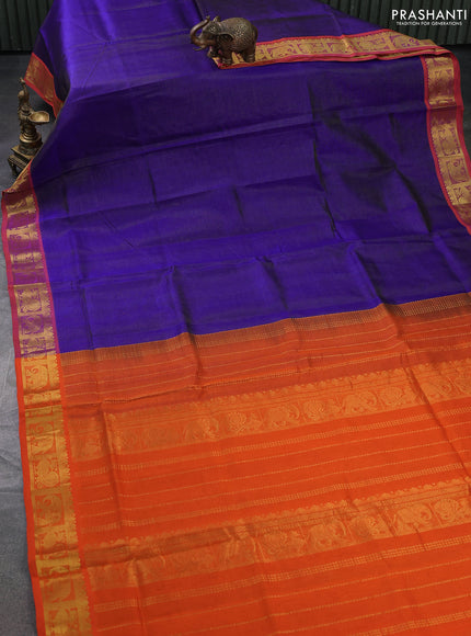 Silk cotton saree blue and orange with allover vairosi pattern and annam & rudhraksha zari woven border