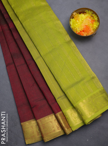 Silk cotton saree maroon and light green with allover vairosi pattern and annam & elephant zari woven border