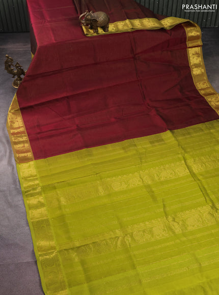Silk cotton saree maroon and light green with allover vairosi pattern and annam & elephant zari woven border