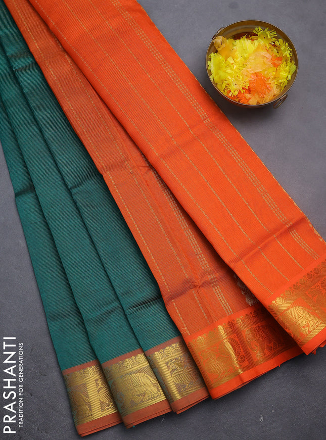 Silk cotton saree green and orange with allover vairosi pattern and annam & elephant zari woven border