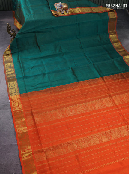 Silk cotton saree green and orange with allover vairosi pattern and annam & elephant zari woven border