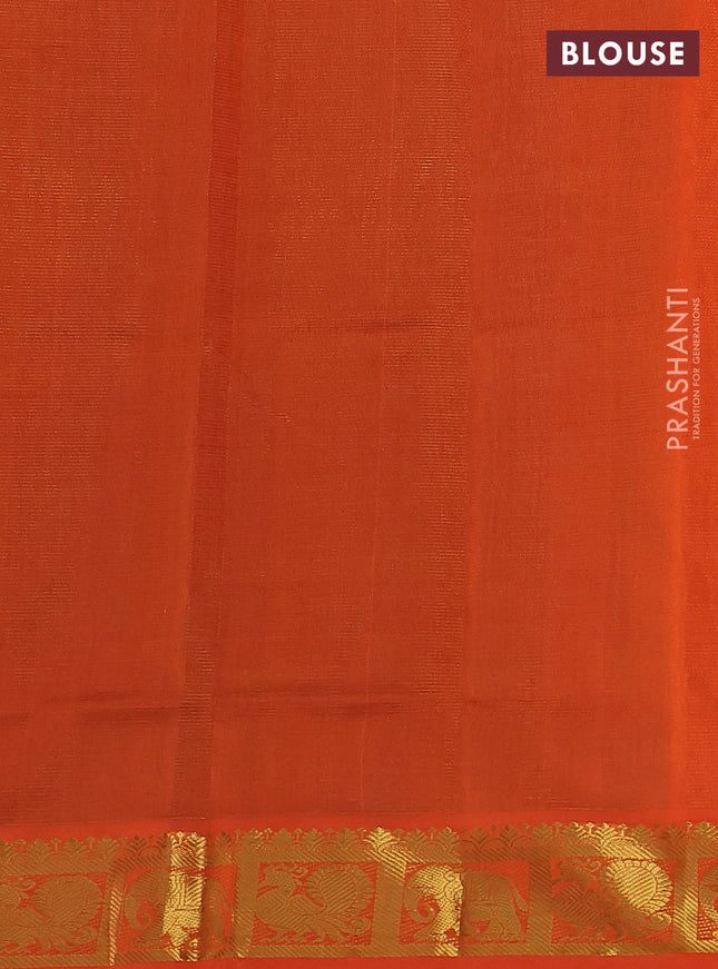 Silk cotton saree green and orange with allover vairosi pattern and annam & elephant zari woven border