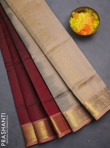 Silk cotton saree maroon and sandal with allover vairosi pattern and annam & elephant zari woven border