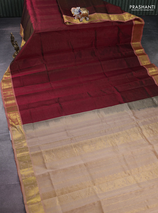 Silk cotton saree maroon and sandal with allover vairosi pattern and annam & elephant zari woven border
