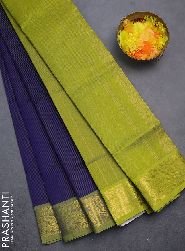 Silk cotton saree blue and light green with allover vairosi pattern and annam & elephant zari woven border