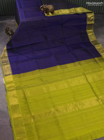 Silk cotton saree blue and light green with allover vairosi pattern and annam & elephant zari woven border