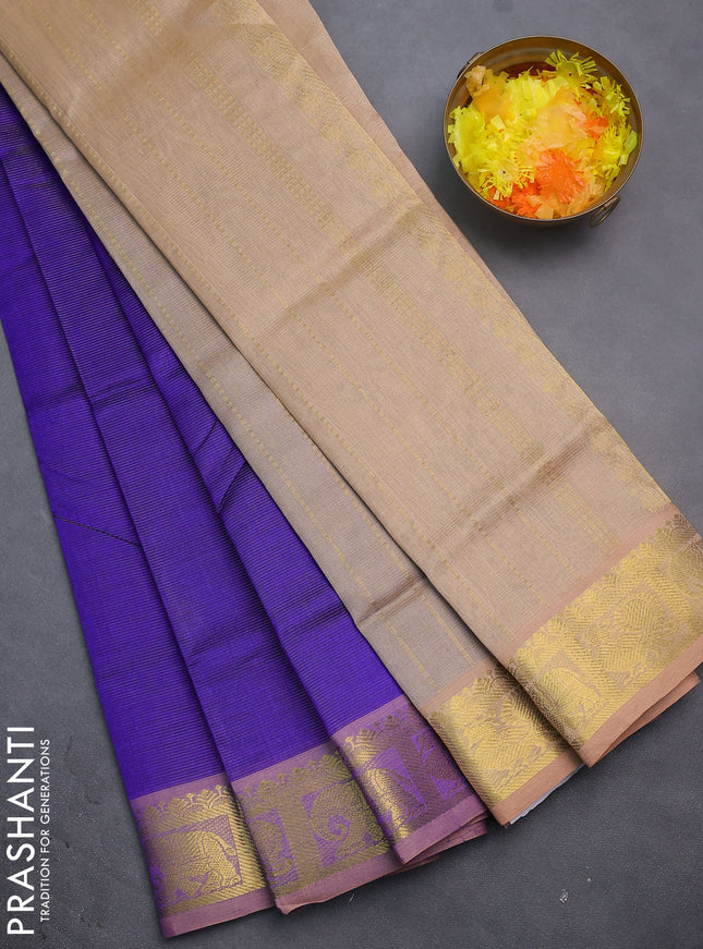Silk cotton saree blue and sandal with allover vairosi pattern and annam & elephant zari woven border
