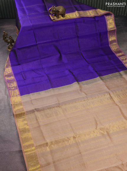 Silk cotton saree blue and sandal with allover vairosi pattern and annam & elephant zari woven border