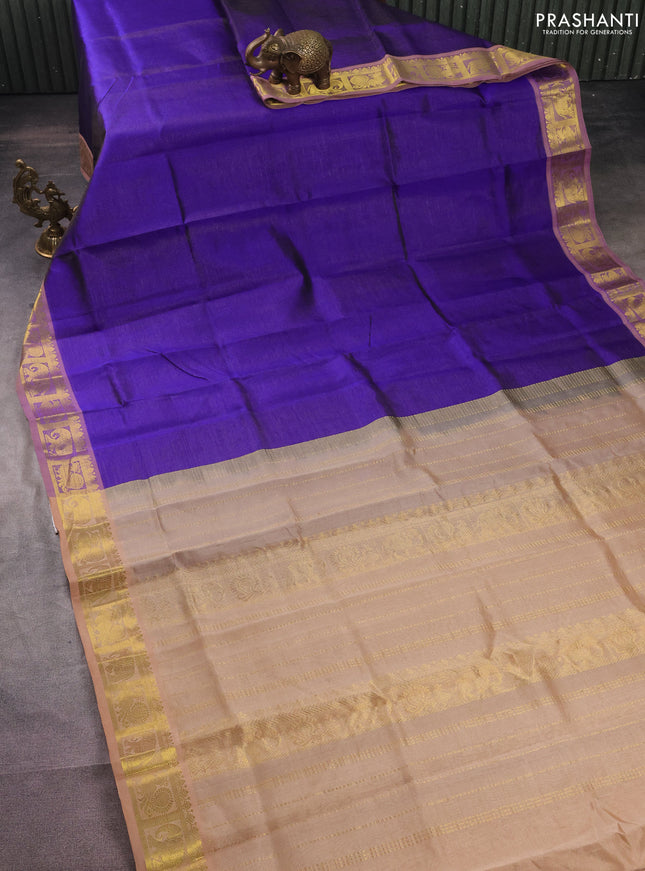 Silk cotton saree blue and sandal with allover vairosi pattern and annam & elephant zari woven border