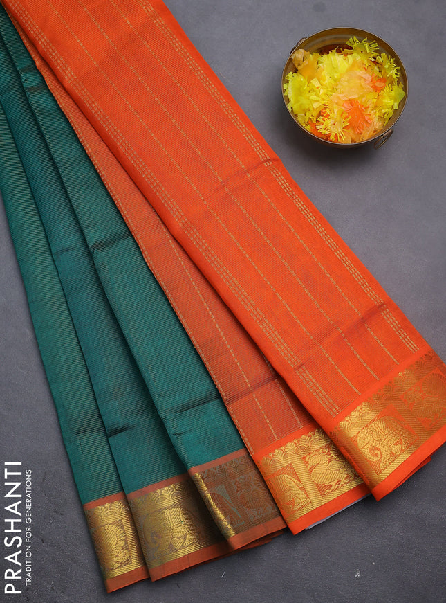 Silk cotton saree green and orange with allover vairosi pattern and annam & elephant zari woven border