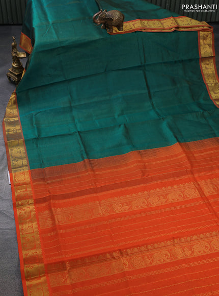 Silk cotton saree green and orange with allover vairosi pattern and annam & elephant zari woven border