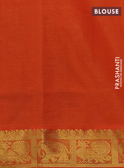 Silk cotton saree green and orange with allover vairosi pattern and annam & elephant zari woven border