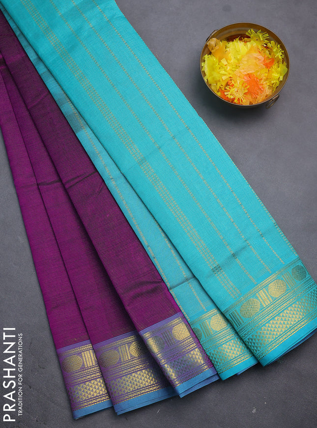 Silk cotton saree purple and teal blue with allover vairosi pattern and zari woven border