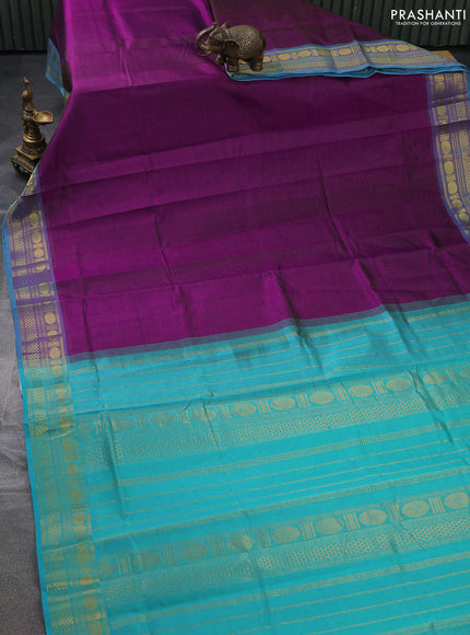 Silk cotton saree purple and teal blue with allover vairosi pattern and zari woven border