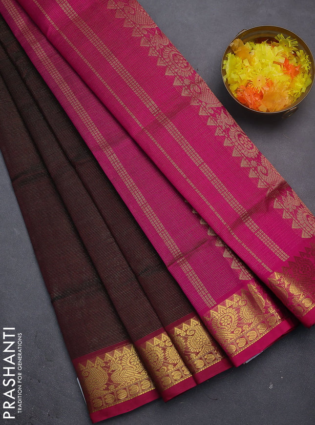 Silk cotton saree coffee brown and magenta pink with allover vairosi pattern and zari woven border