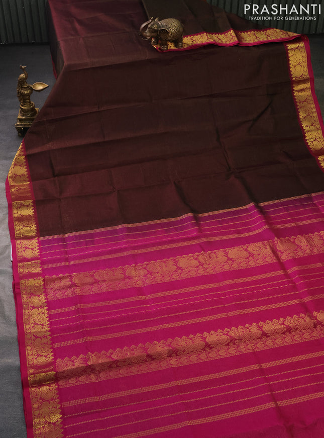 Silk cotton saree coffee brown and magenta pink with allover vairosi pattern and zari woven border