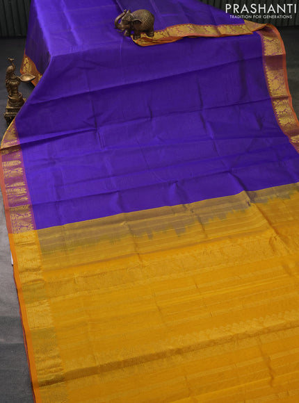 Silk cotton saree blue and mustard yellow with allover vairosi pattern and zari woven border