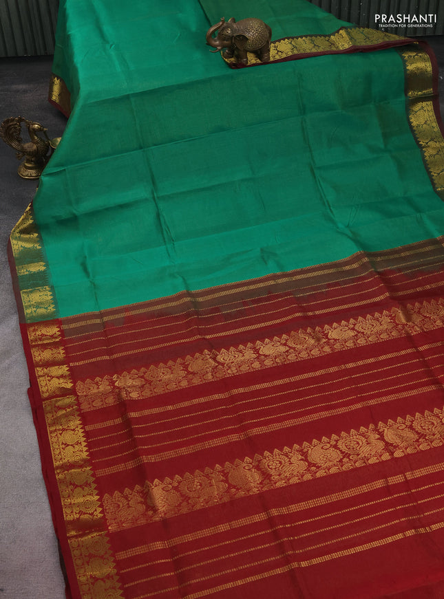 Silk cotton saree green and maroon with allover vairosi pattern and zari woven border