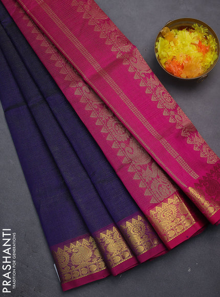 Silk cotton saree dark blue and magenta pink with allover vairosi pattern and zari woven border