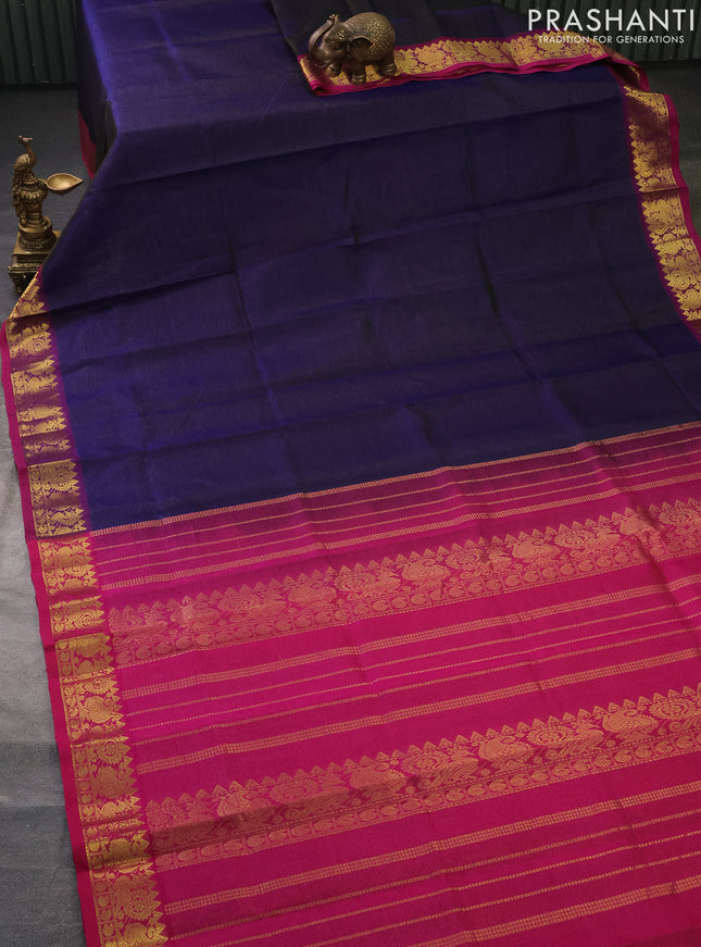 Silk cotton saree dark blue and magenta pink with allover vairosi pattern and zari woven border