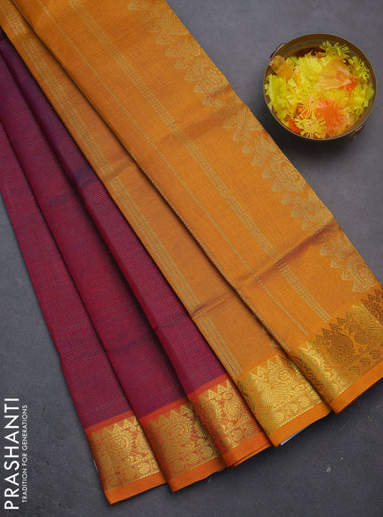Silk cotton saree dual shade of maroonish purple and mustard yellow with allover vairosi pattern and zari woven border
