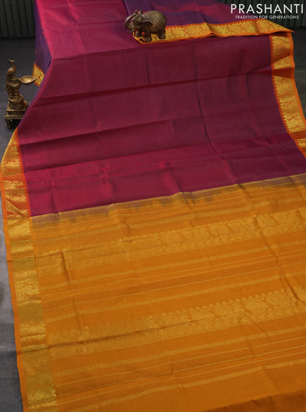 Silk cotton saree dual shade of maroonish purple and mustard yellow with allover vairosi pattern and zari woven border