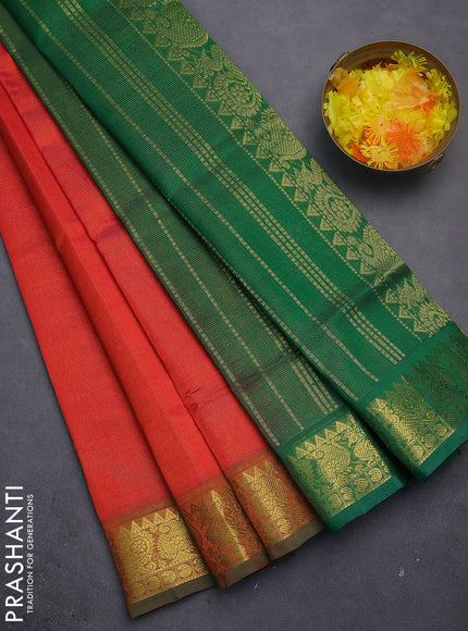Silk cotton saree dual shade of pinkish orange and green with allover vairosi pattern and zari woven border