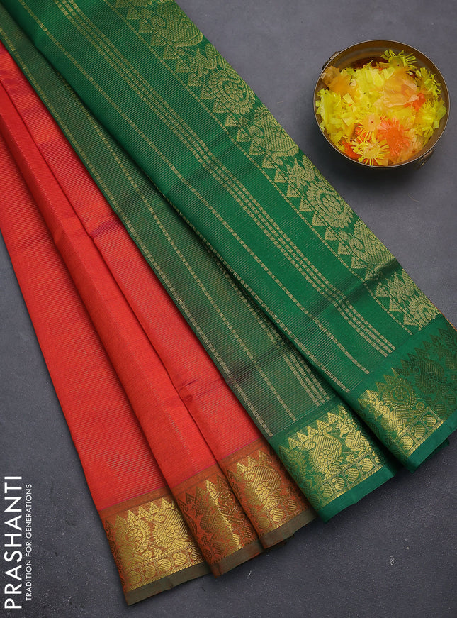 Silk cotton saree dual shade of pinkish orange and green with allover vairosi pattern and zari woven border