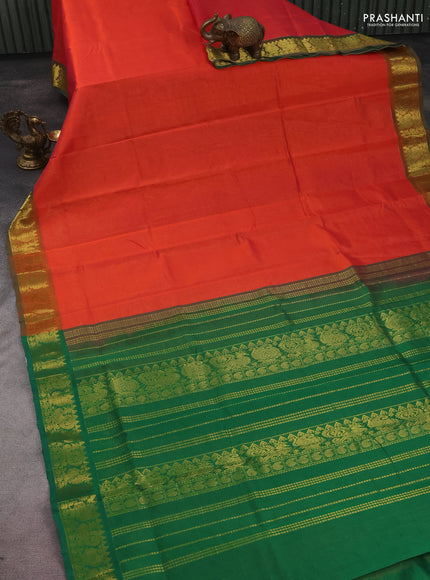 Silk cotton saree dual shade of pinkish orange and green with allover vairosi pattern and zari woven border