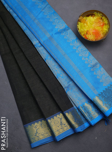 Silk cotton saree black and cs blue with allover vairosi pattern and zari woven border