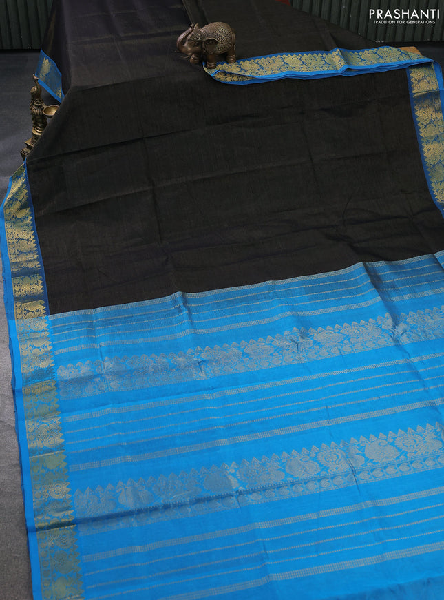 Silk cotton saree black and cs blue with allover vairosi pattern and zari woven border