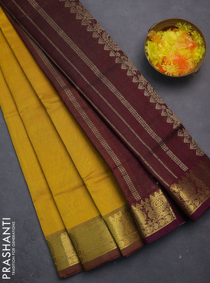 Silk cotton saree mustard yellow and wine shade with allover vairosi pattern and zari woven border