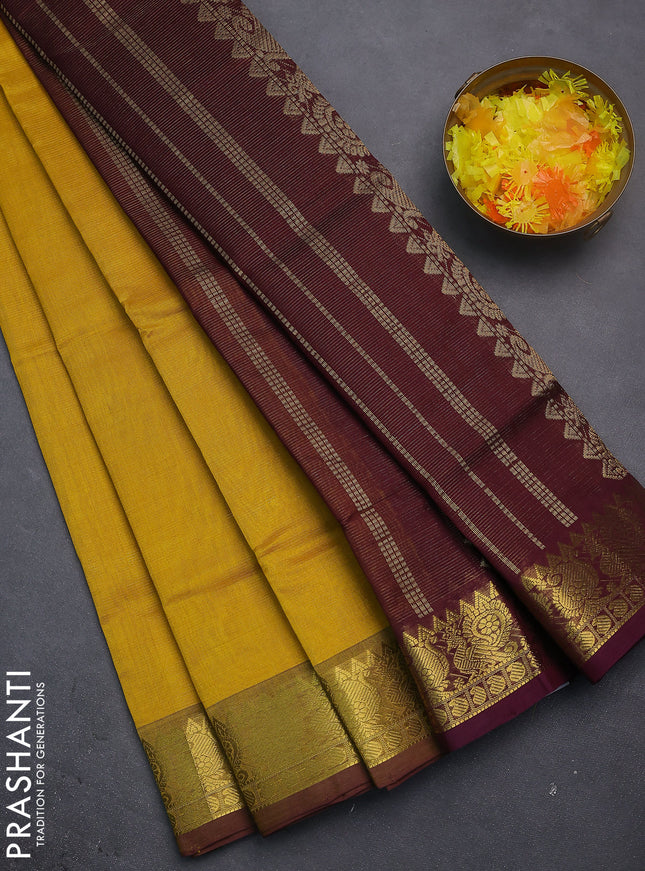 Silk cotton saree mustard yellow and wine shade with allover vairosi pattern and zari woven border