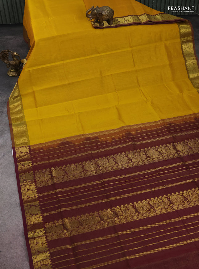 Silk cotton saree mustard yellow and wine shade with allover vairosi pattern and zari woven border
