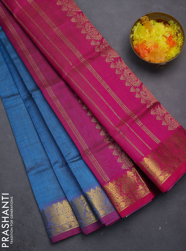 Silk cotton saree cs blue and magenta pink with allover vairosi pattern and zari woven border