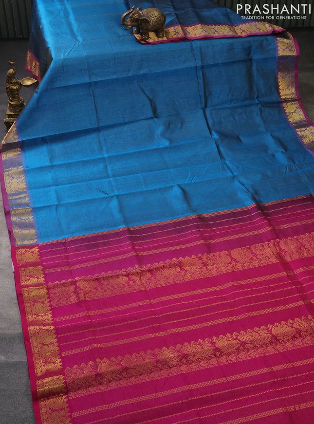 Silk cotton saree cs blue and magenta pink with allover vairosi pattern and zari woven border