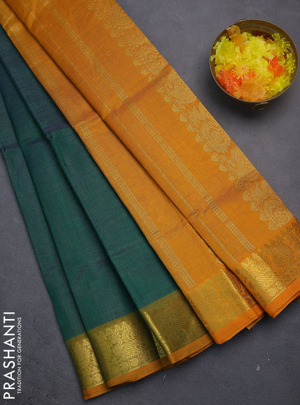 Silk cotton saree dual shade of green and mustard yellow with allover vairosi pattern and zari woven border