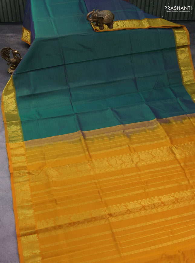 Silk cotton saree dual shade of green and mustard yellow with allover vairosi pattern and zari woven border