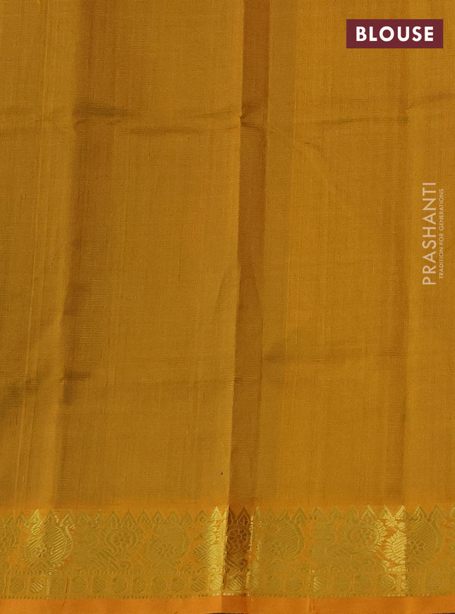Silk cotton saree dual shade of green and mustard yellow with allover vairosi pattern and zari woven border