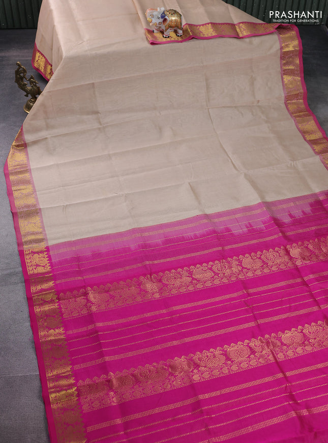 Silk cotton saree beige and pink with allover vairosi pattern and zari woven border