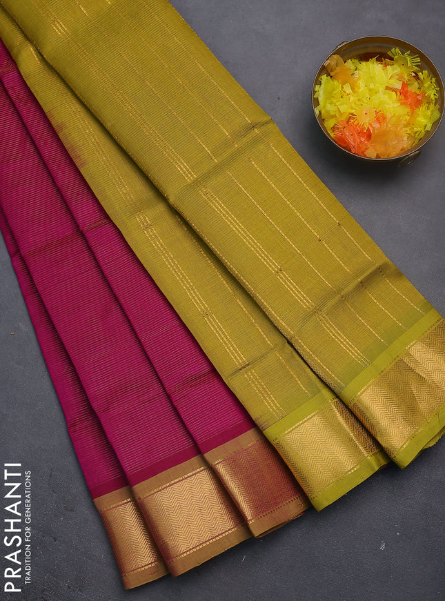 Silk cotton saree magenta pink and lime yellow with allover vairosi pattern and zari woven border