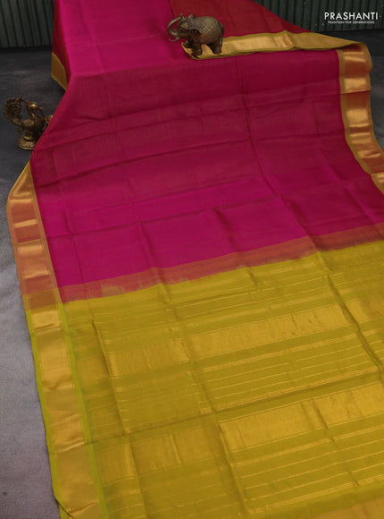 Silk cotton saree magenta pink and lime yellow with allover vairosi pattern and zari woven border