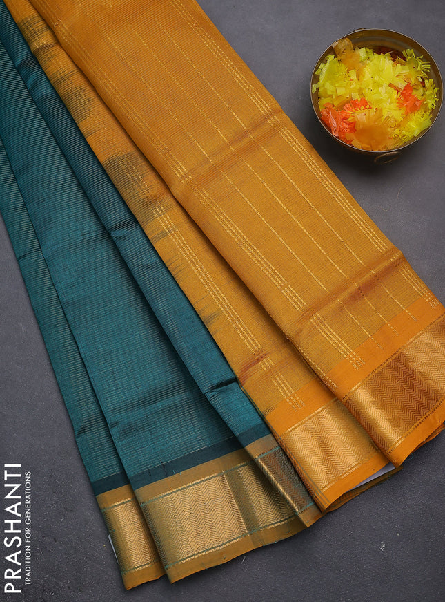 Silk cotton saree teal green and mustard yellow with allover vairosi pattern and zari woven border